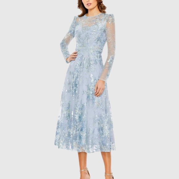 Mac Duggal 68020 Powder Blue‎ Embellished Illusion Long Sleeve Midi Dress 20 NWT